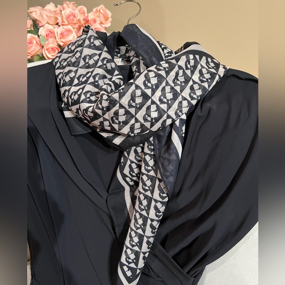 Karl Lagerfeld Black and White Logo Pattern Silk Scarf
